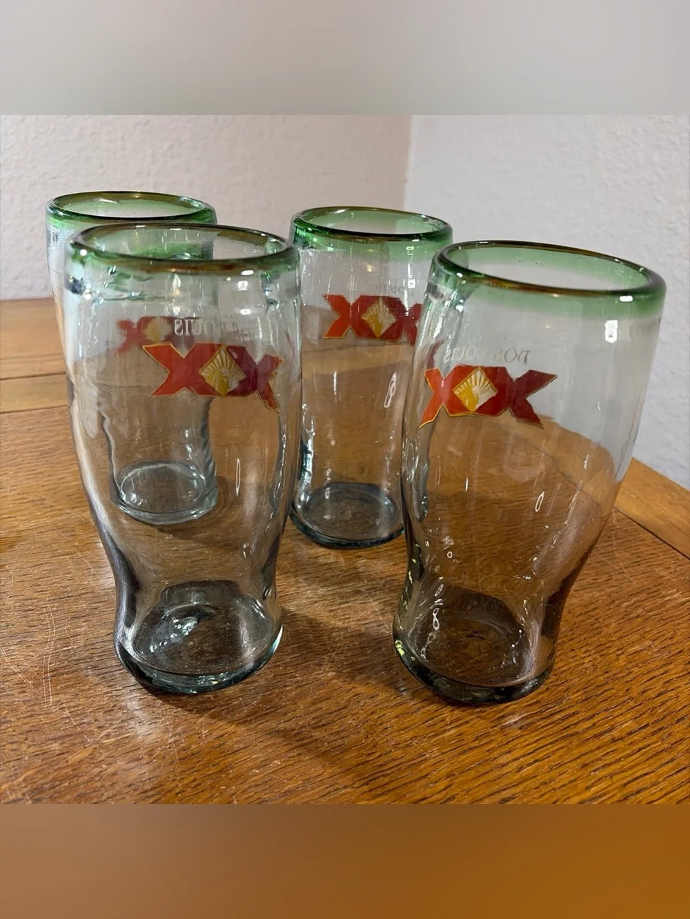 Dos Equis XX Hand Blown Beer Glasses  Heavyweight Thick Bubbles Green Rim Set 4